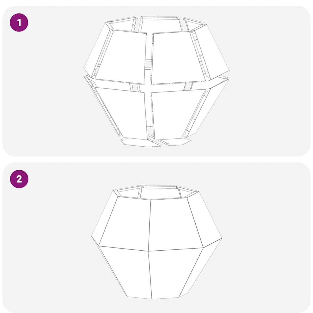 Il diagramma 1 mostra pannelli geometrici non assemblati. Il diagramma 2 mostra pannelli geometrici assemblati che formano un vaso.