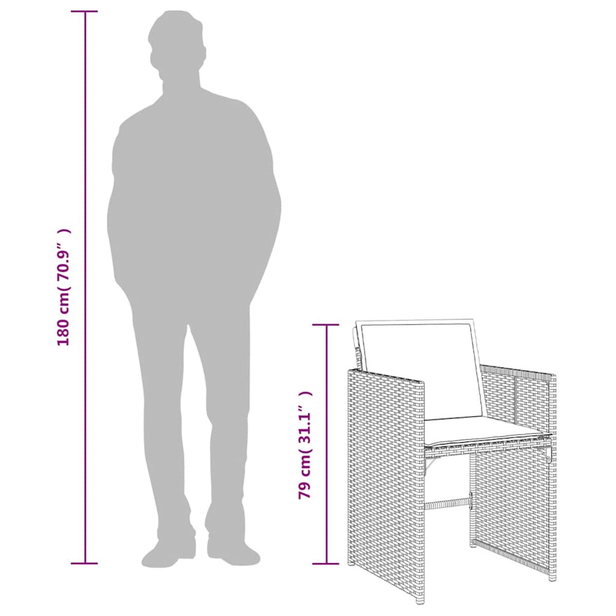 Eine graue Silhouette einer Person (180cm) steht neben einem Korbstuhl (79cm).
