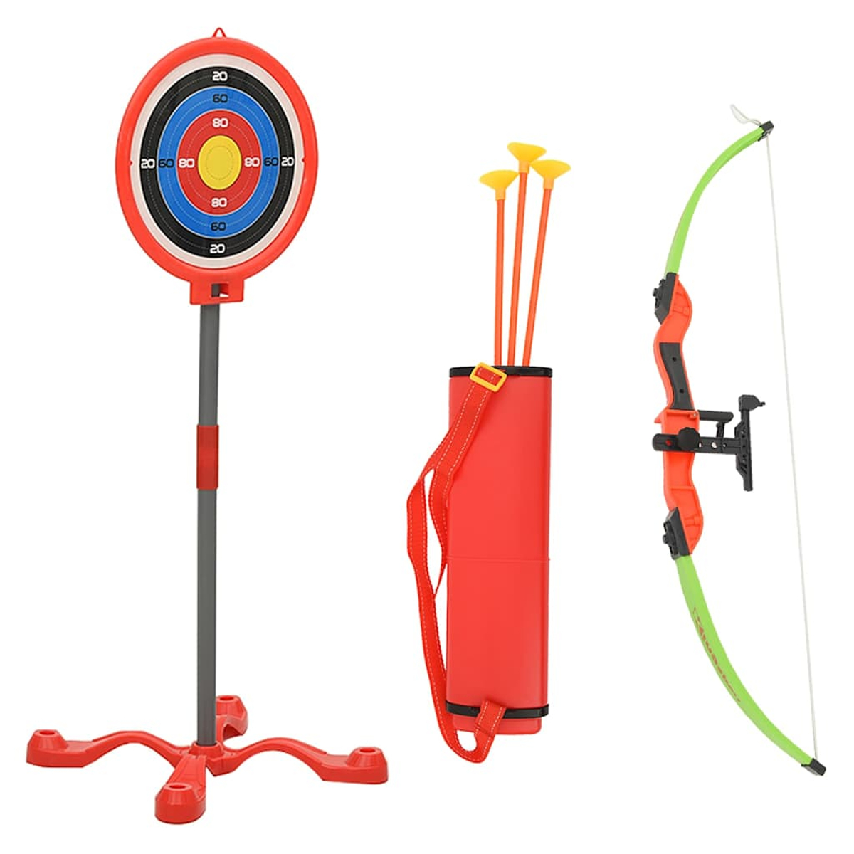 Set da tiro con l'arco giocattolo con bersaglio, faretra e frecce.