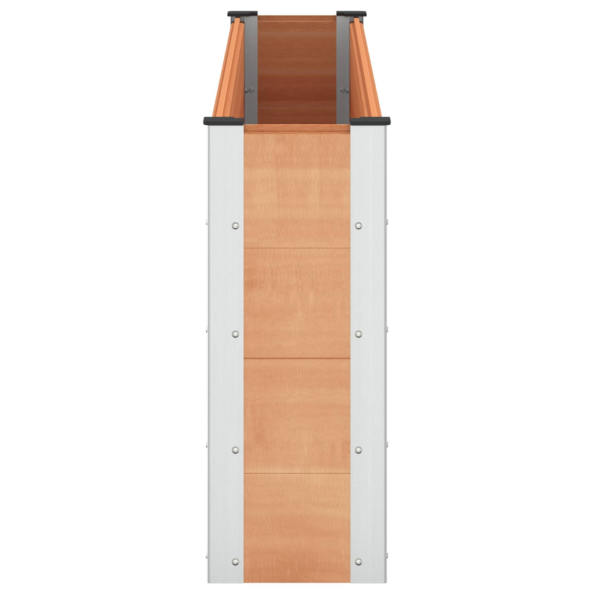 Una fioriera rialzata in legno con accenti metallici, vista dall'alto.