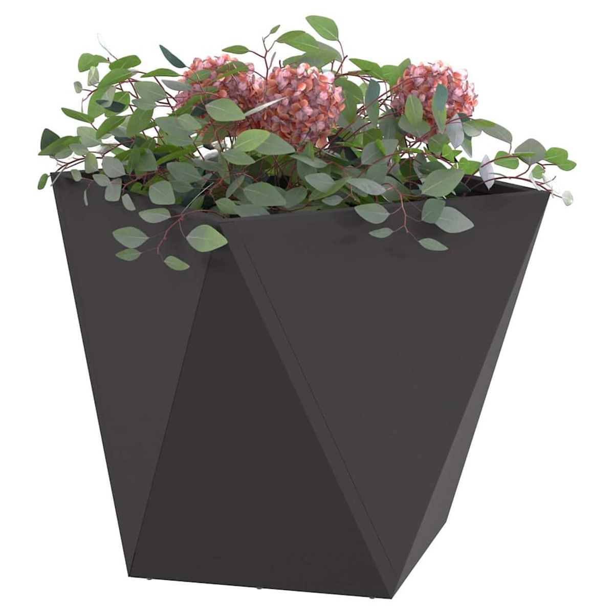 Un vaso geometrico grigio scuro con foglie verdi e fiori rosa.