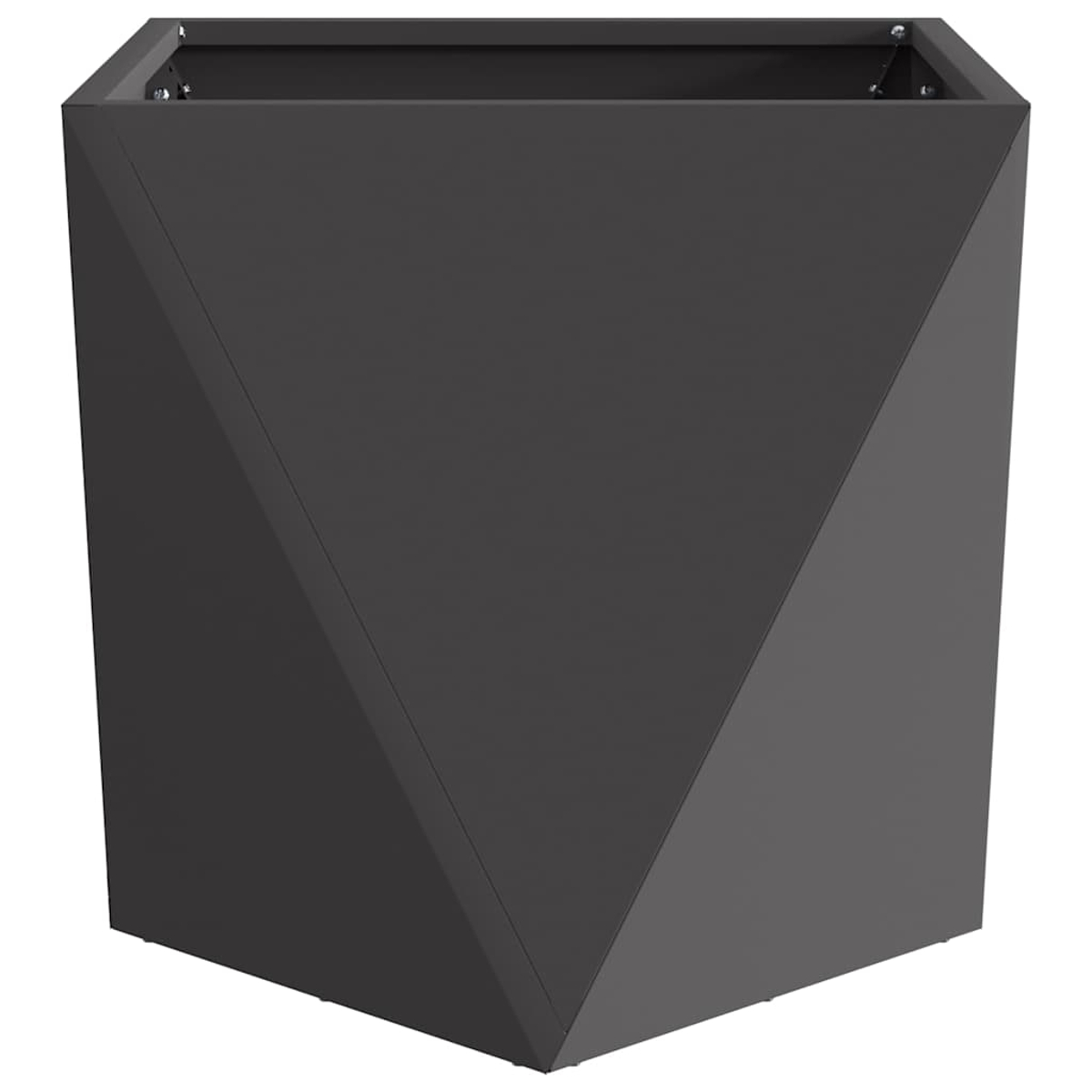 Un fioriera scuro e geometrico con bordi affilati.