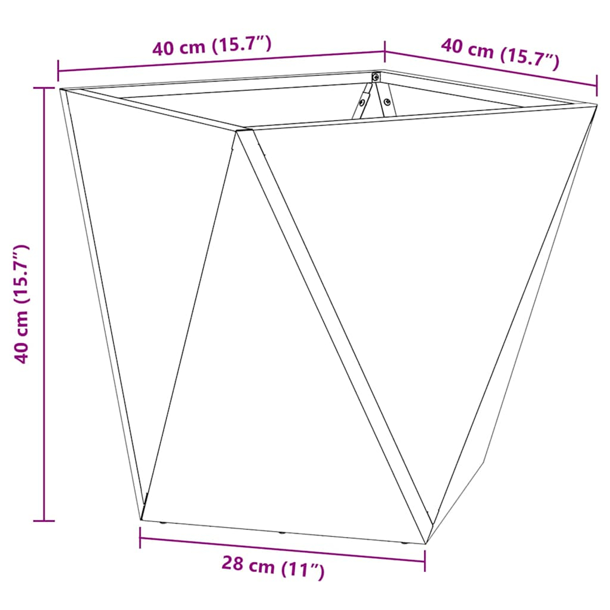 Un fioriera geometrica con dimensioni 40 x 40 x 28 cm.