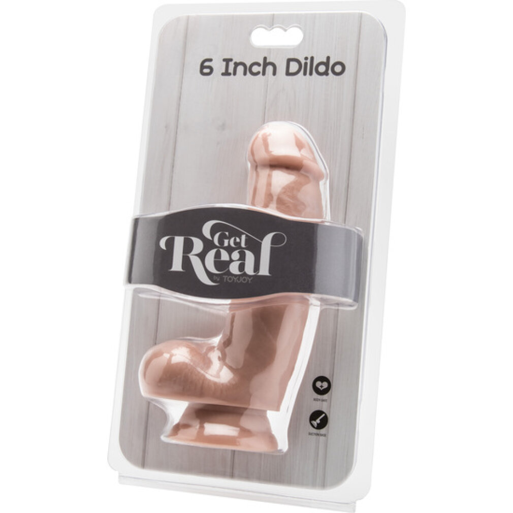 Ein 6-Zoll-Dildo in einer Verpackung mit Holzmaserungshintergrund.