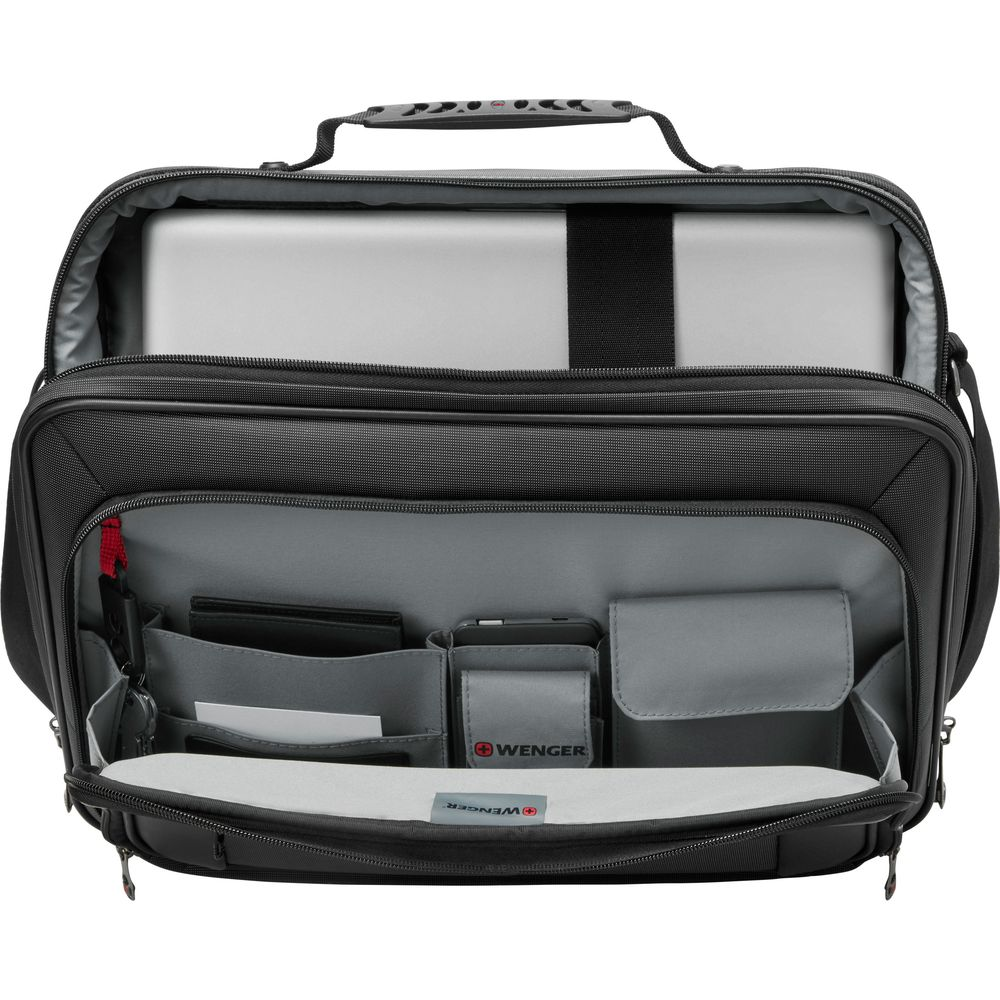 Offene schwarze Wenger Laptoptasche mit Laptop darin, organisierte Fächer.