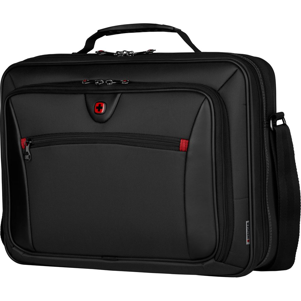 Schwarze Laptoptasche mit rotem Logo und Reißverschlüssen.