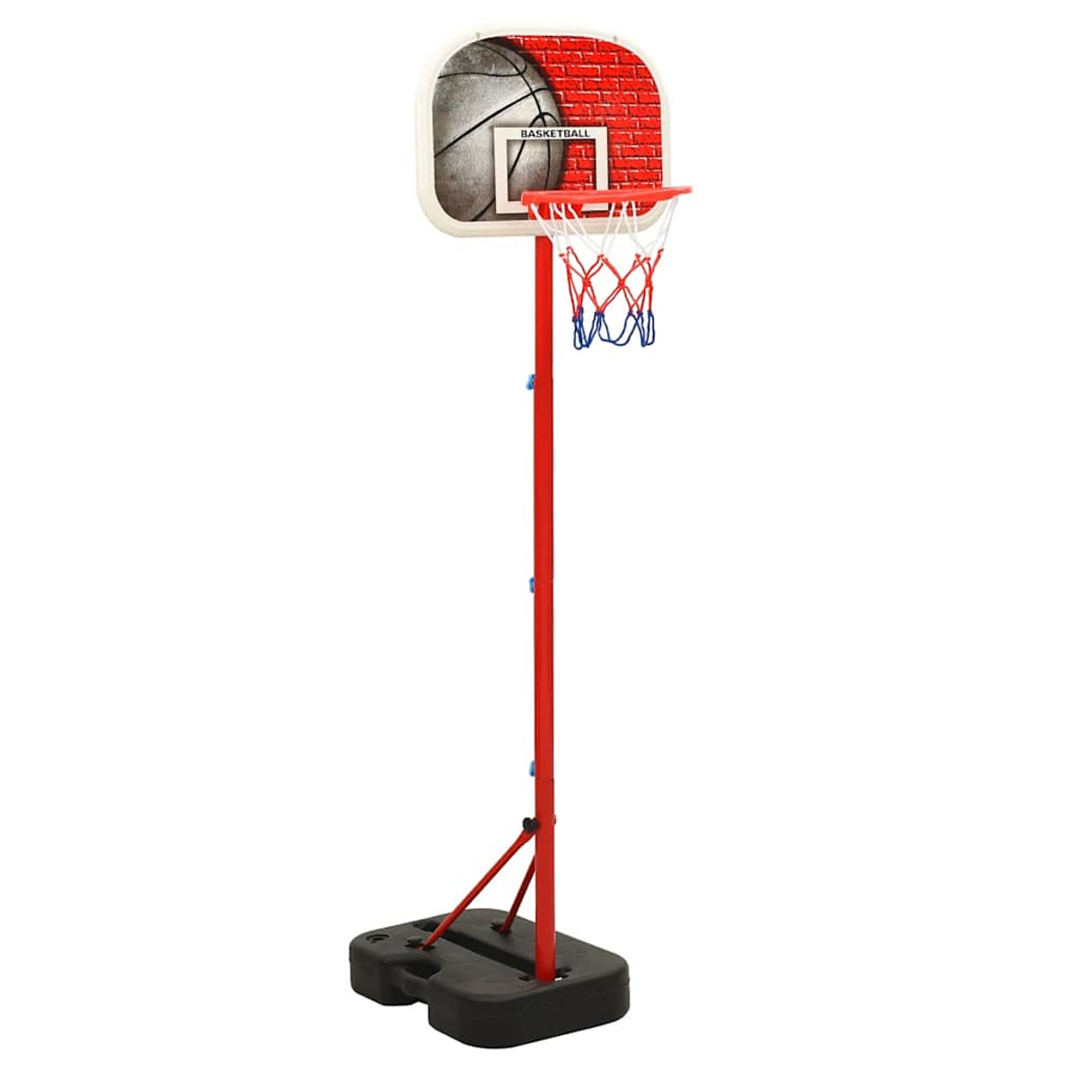 Un canestro da basket rosso con tabellone effetto mattone su sfondo bianco.