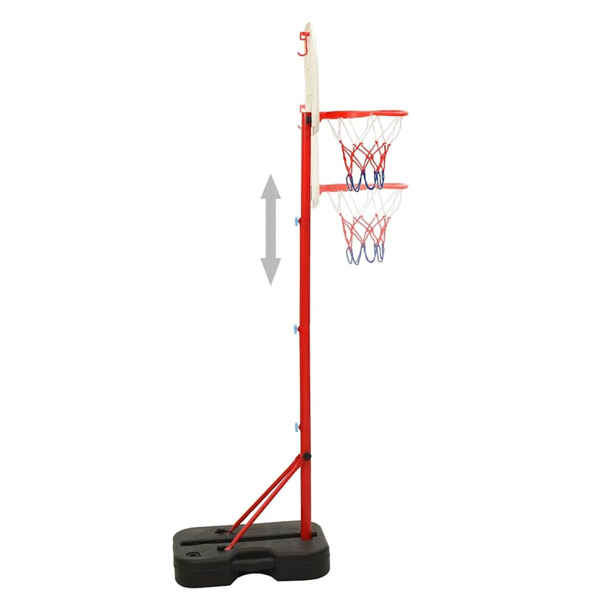 Un canestro da basket rosso con due reti su un palo bianco, su una base nera.