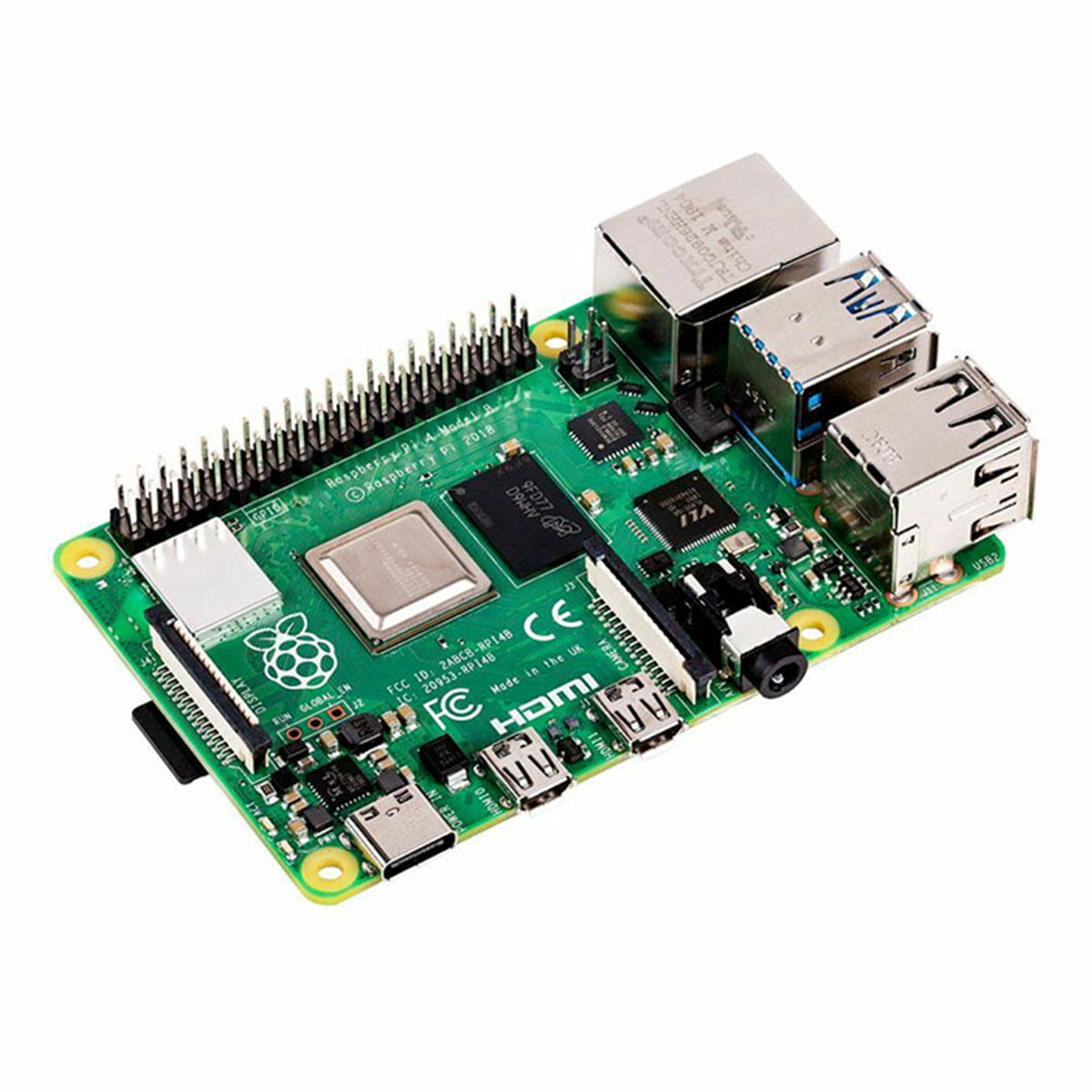 Una scheda a circuito stampato Raspberry Pi 4B verde con porte USB, HDMI e di alimentazione.