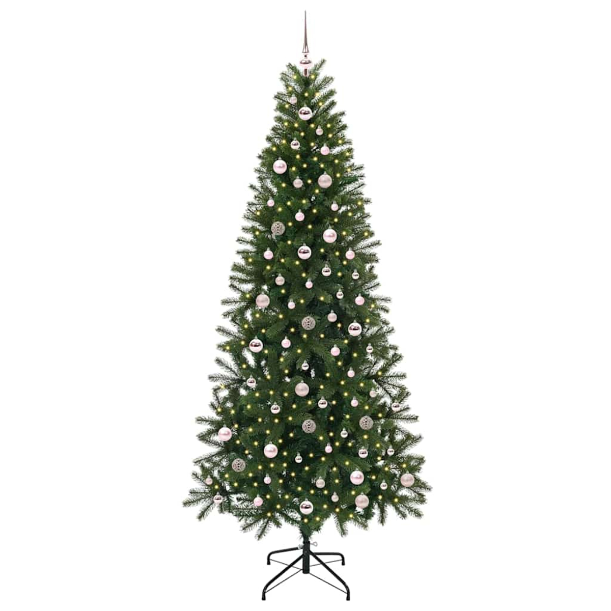 Un albero di Natale addobbato con luci e palline rosa su sfondo bianco.