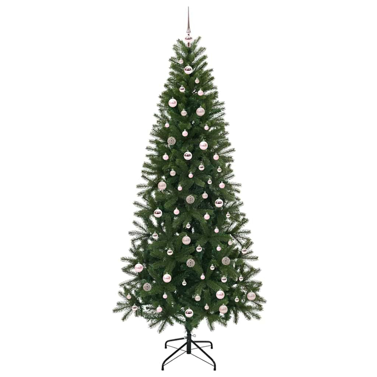 Un albero di Natale decorato con palline rosa e argentate su sfondo bianco.