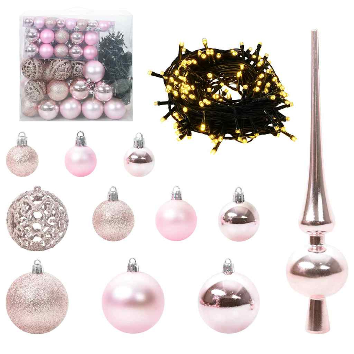 Vari addobbi natalizi rosa e argento, luci e un puntale per albero.