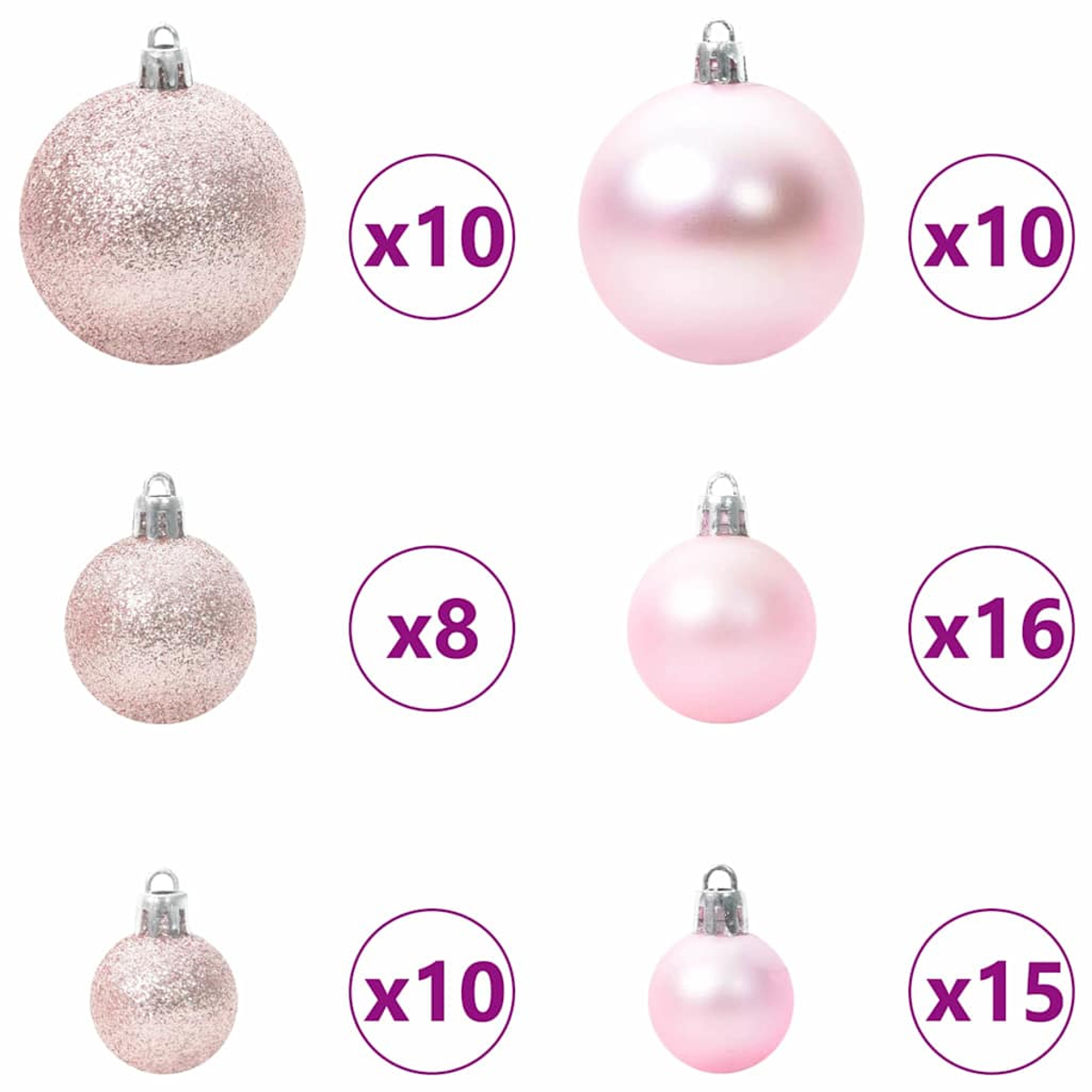 Palline di Natale rosa glitterate e opache di varie dimensioni.