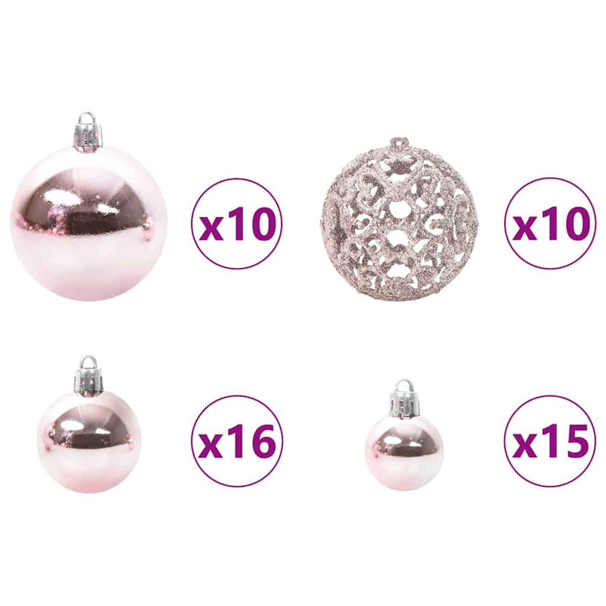 Sei palline di Natale rosa e argento di varie dimensioni e texture.