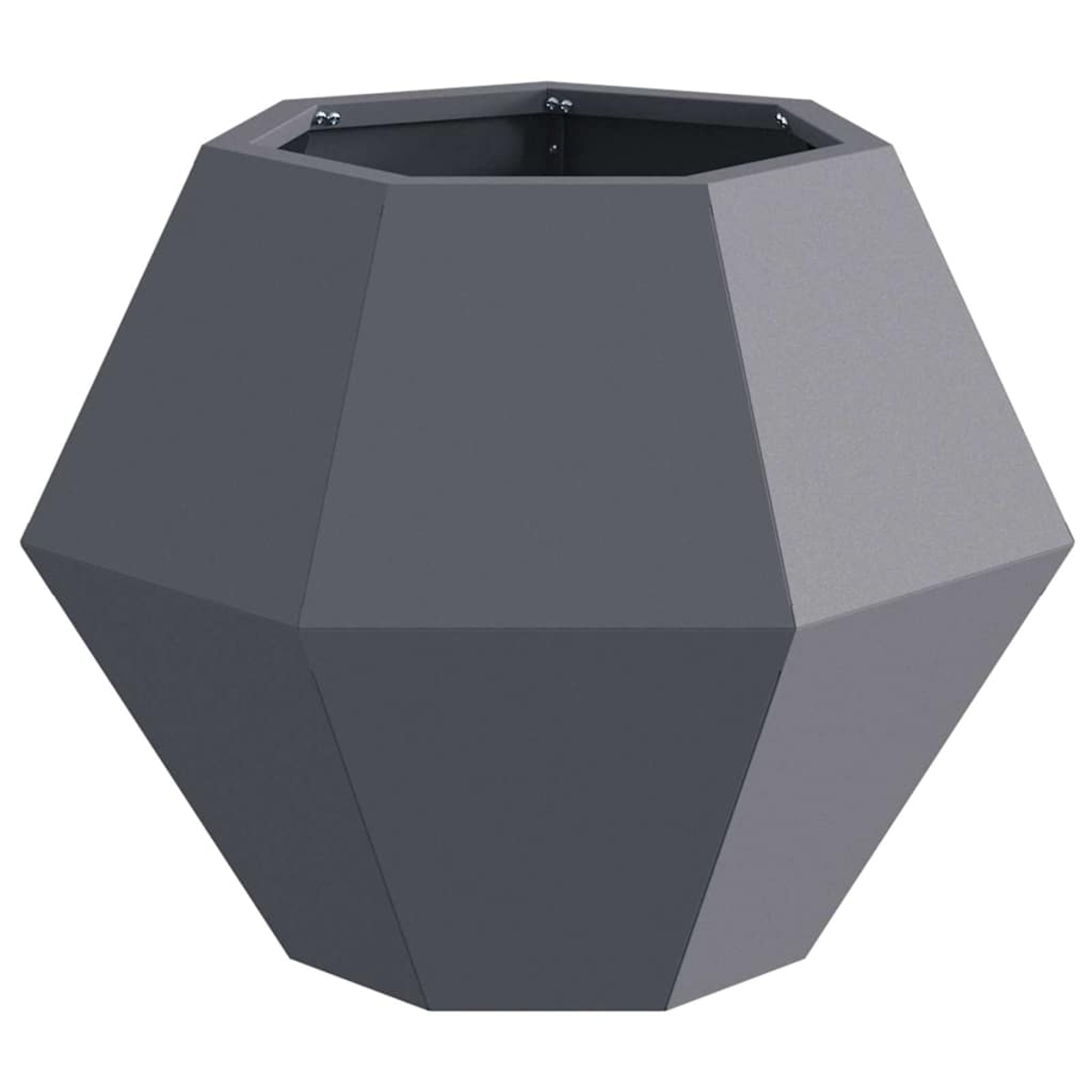Un fioriera geometrica in metallo grigio sfaccettato.
