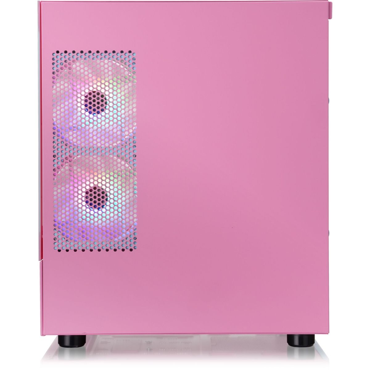 Ein rosa Computergehäuse mit zwei beleuchteten Lüftern an der Seite.