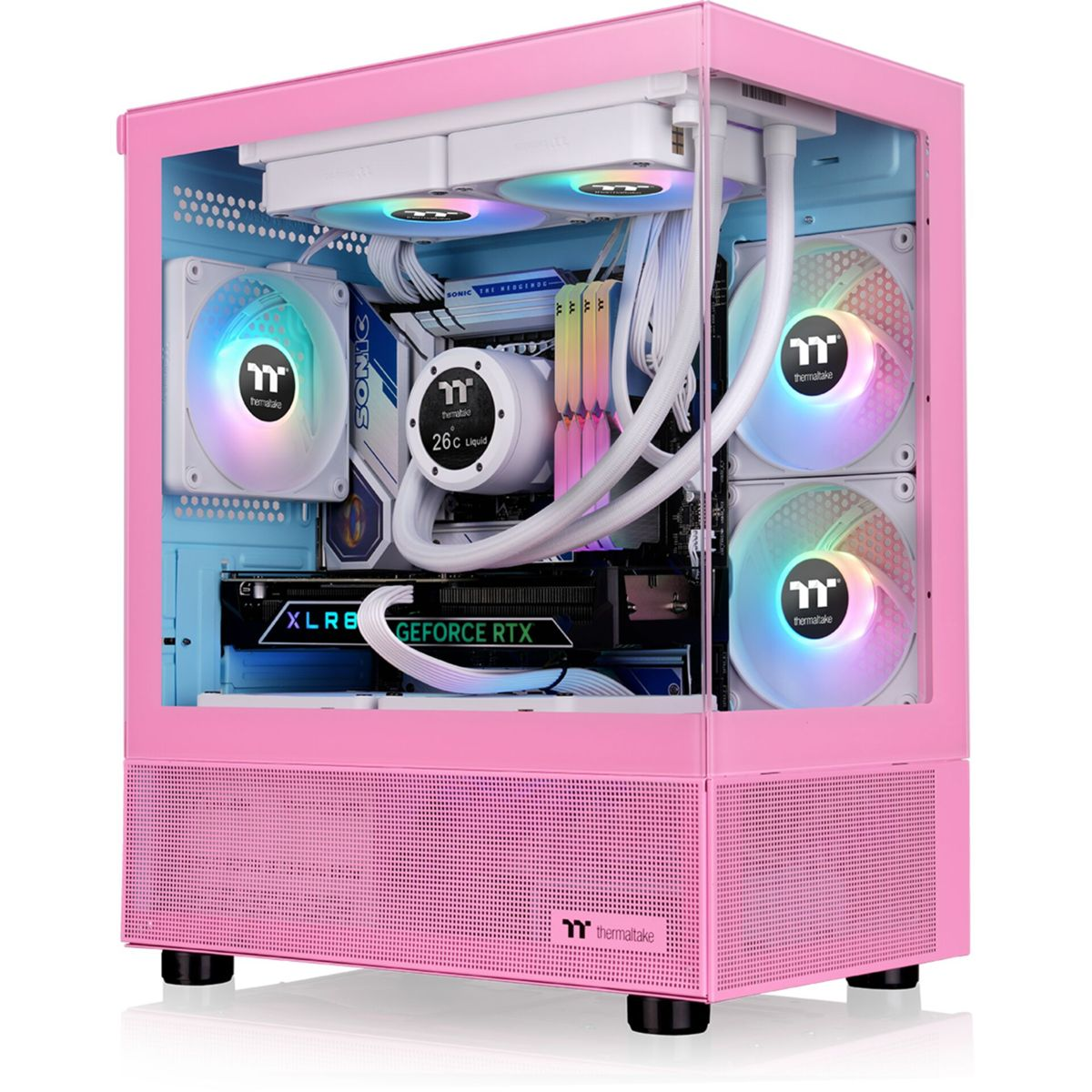 Ein pinker PC-Gehäuselüfter mit RGB-Beleuchtung und sichtbaren Komponenten.