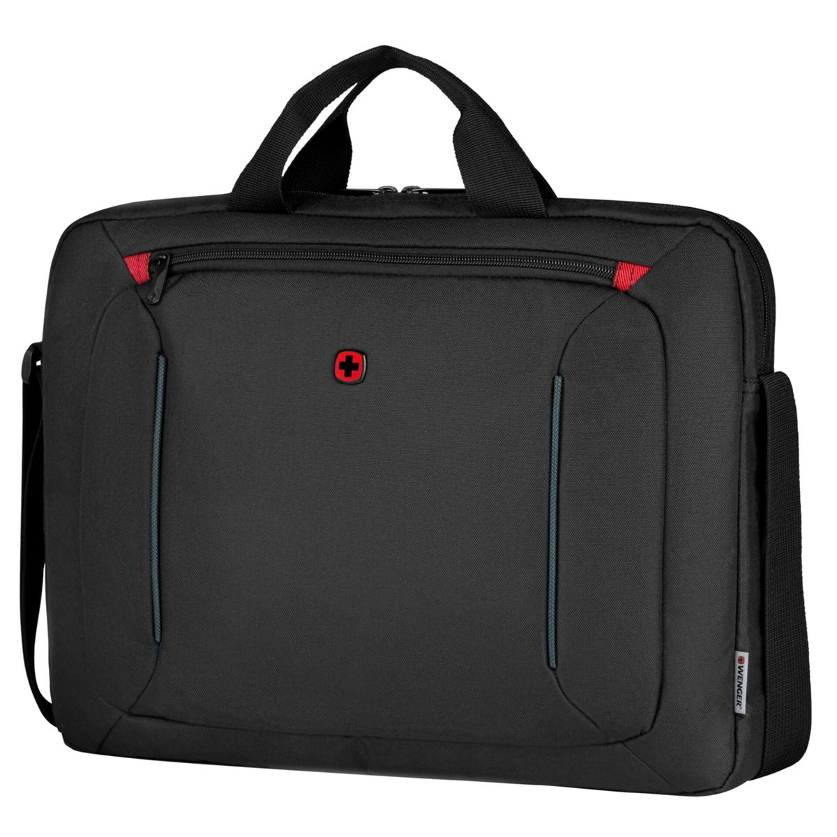 Eine schwarze Wenger Laptoptasche mit roten Akzenten und Schweizer Kreuz-Logo.