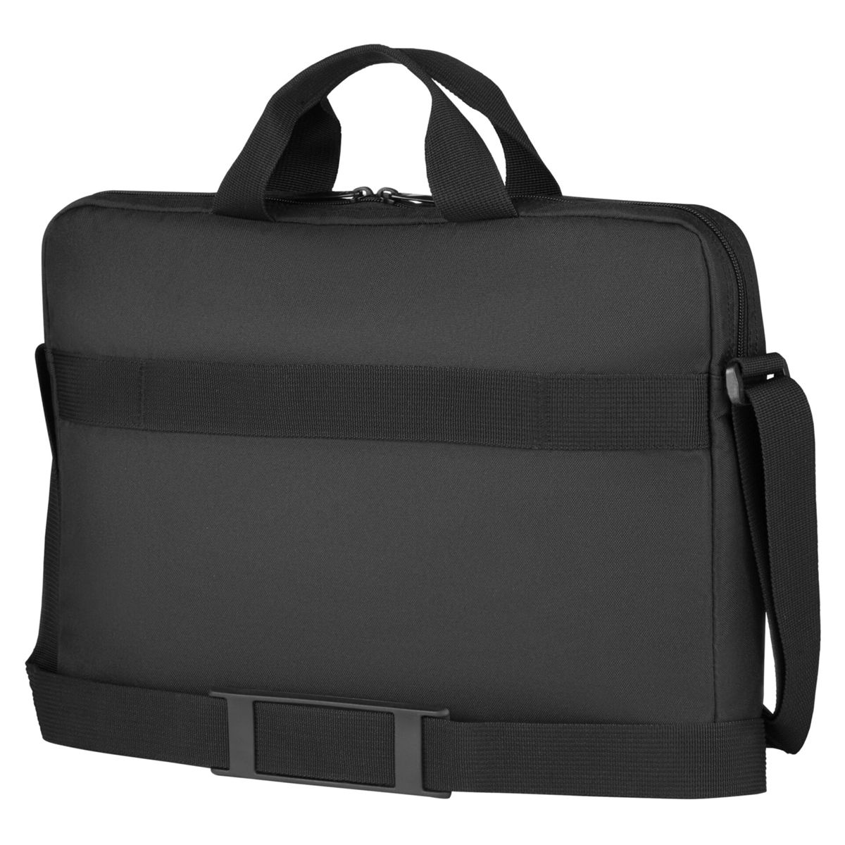 Schwarze Laptoptasche mit Tragegriffen und Schultergurt.