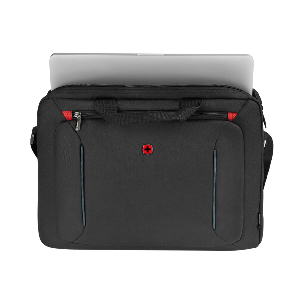 Schwarze Laptoptasche mit Laptop, rotem Logo und Reißverschlüssen.