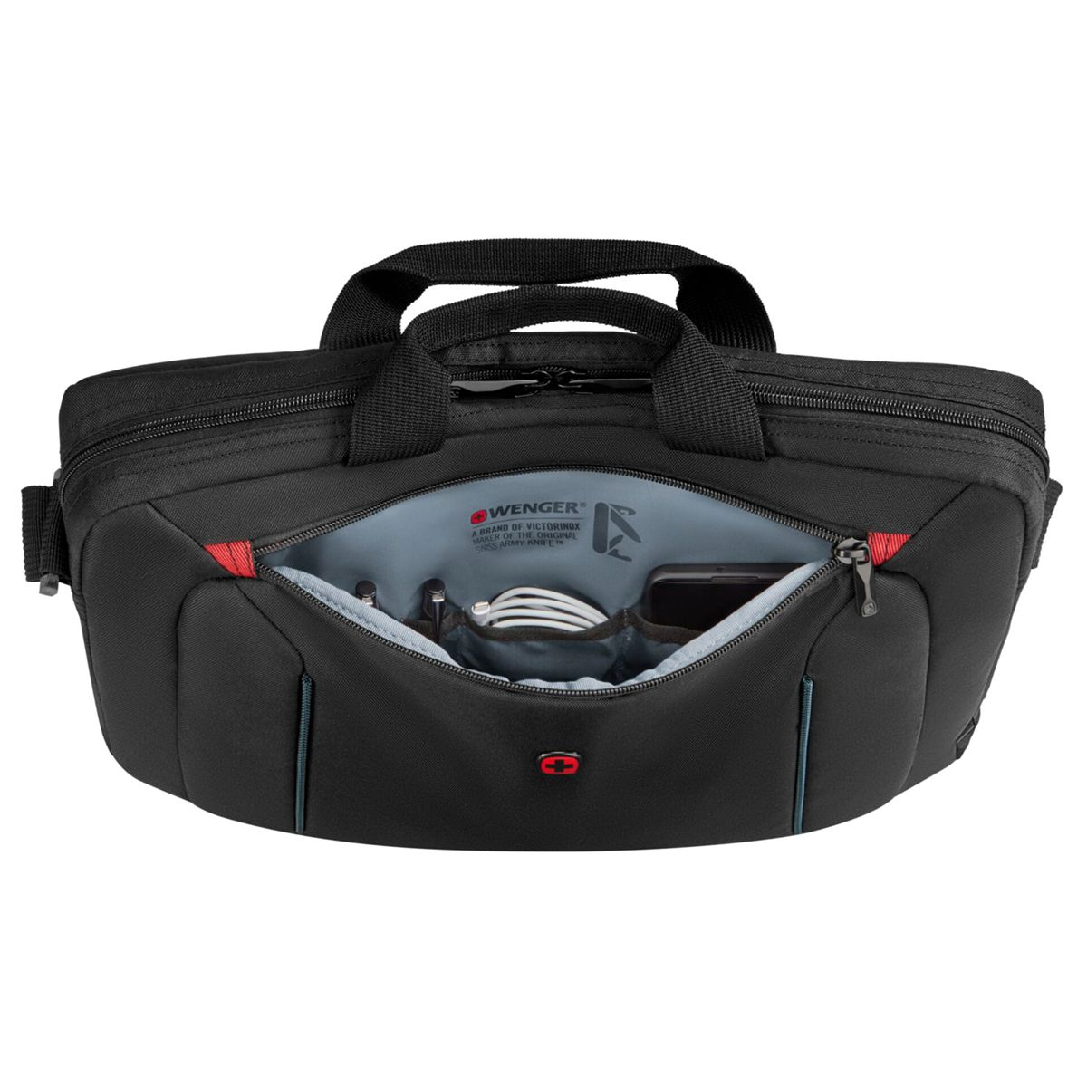 Schwarze Tasche mit geöffnetem Fach, das Ladekabel, Stifte und Smartphone enthält.