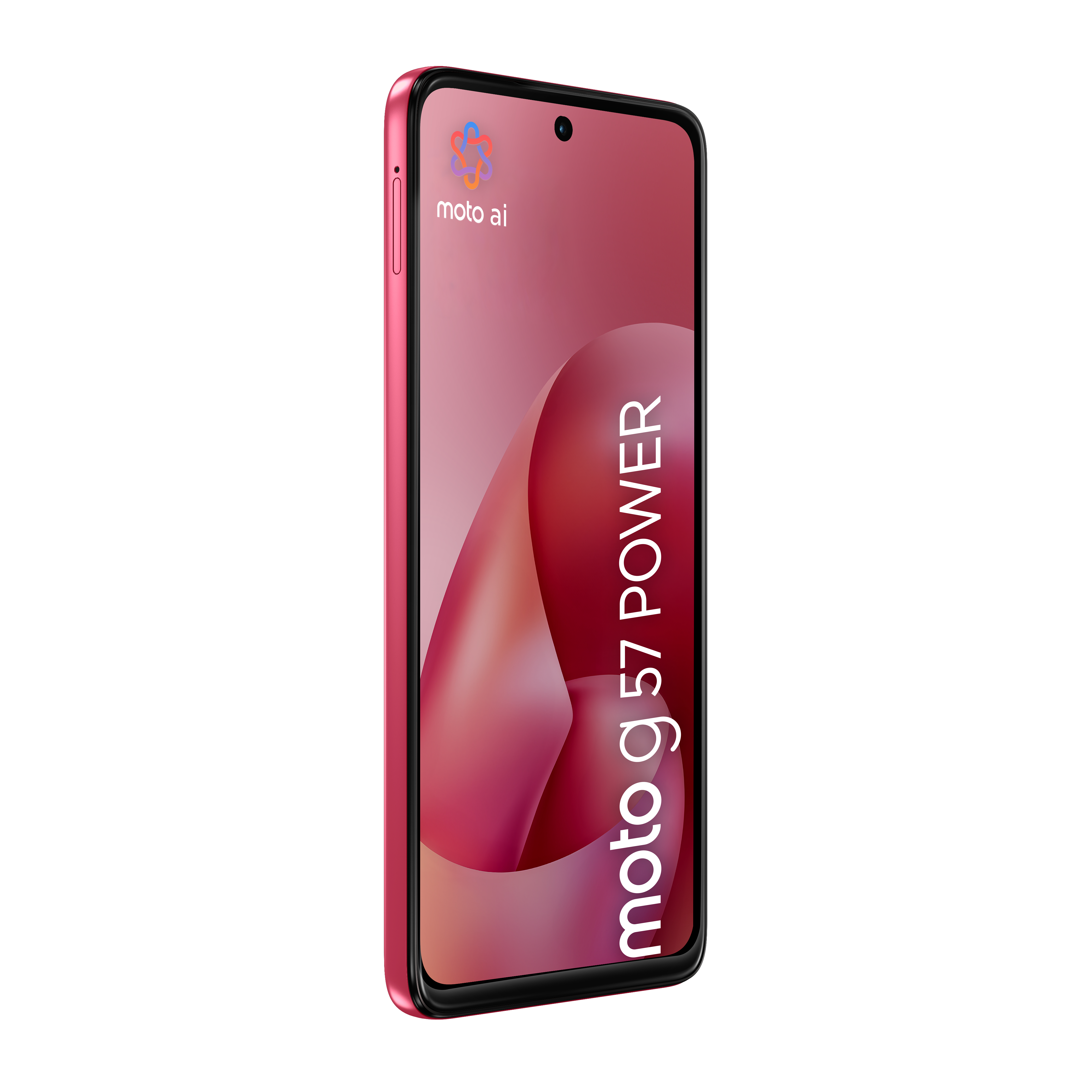 Ein rosafarbenes Motorola Smartphone mit dem Schriftzug moto g 57 POWER.