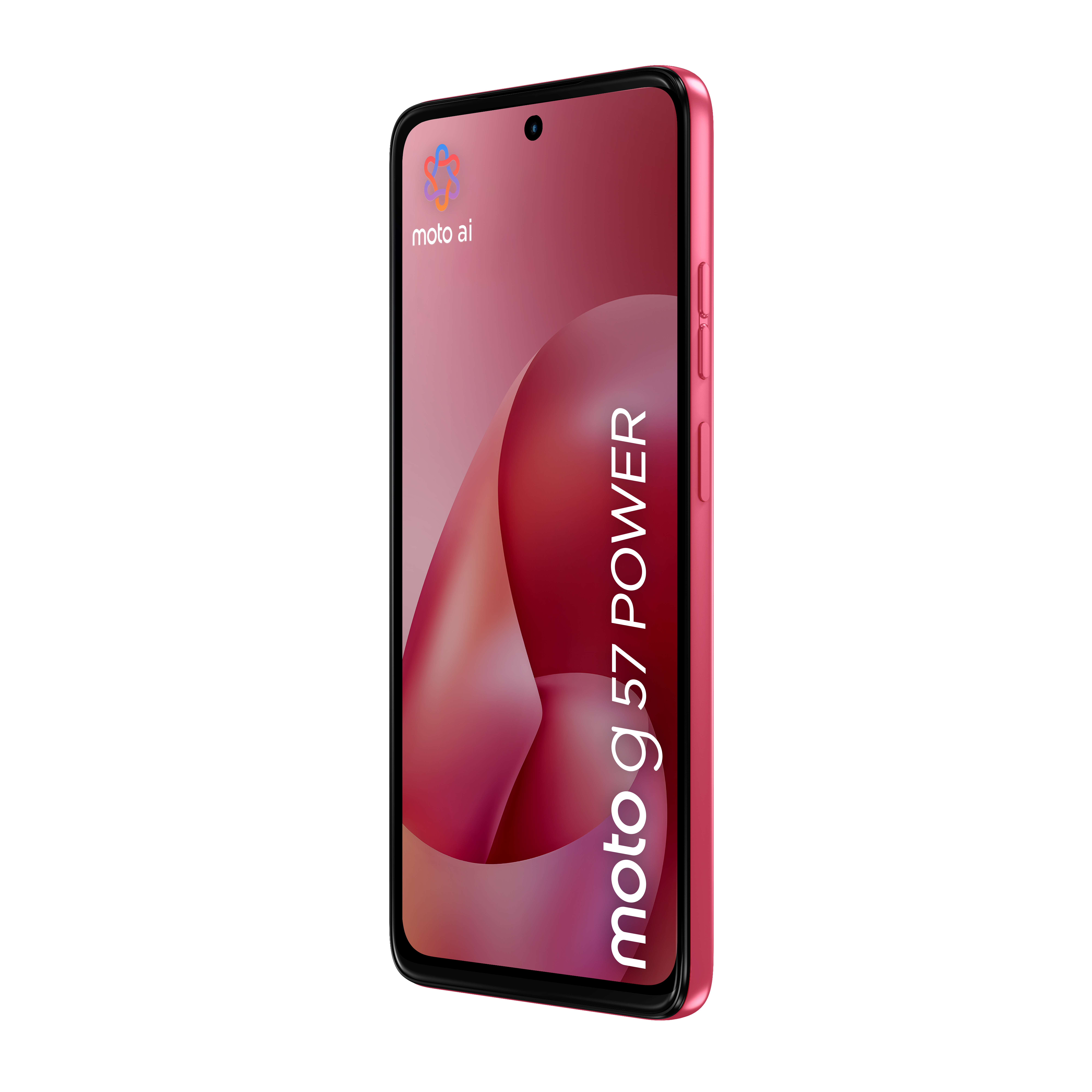 Ein pinkes Motorola Handy mit dem Schriftzug 'moto g 57 POWER'.