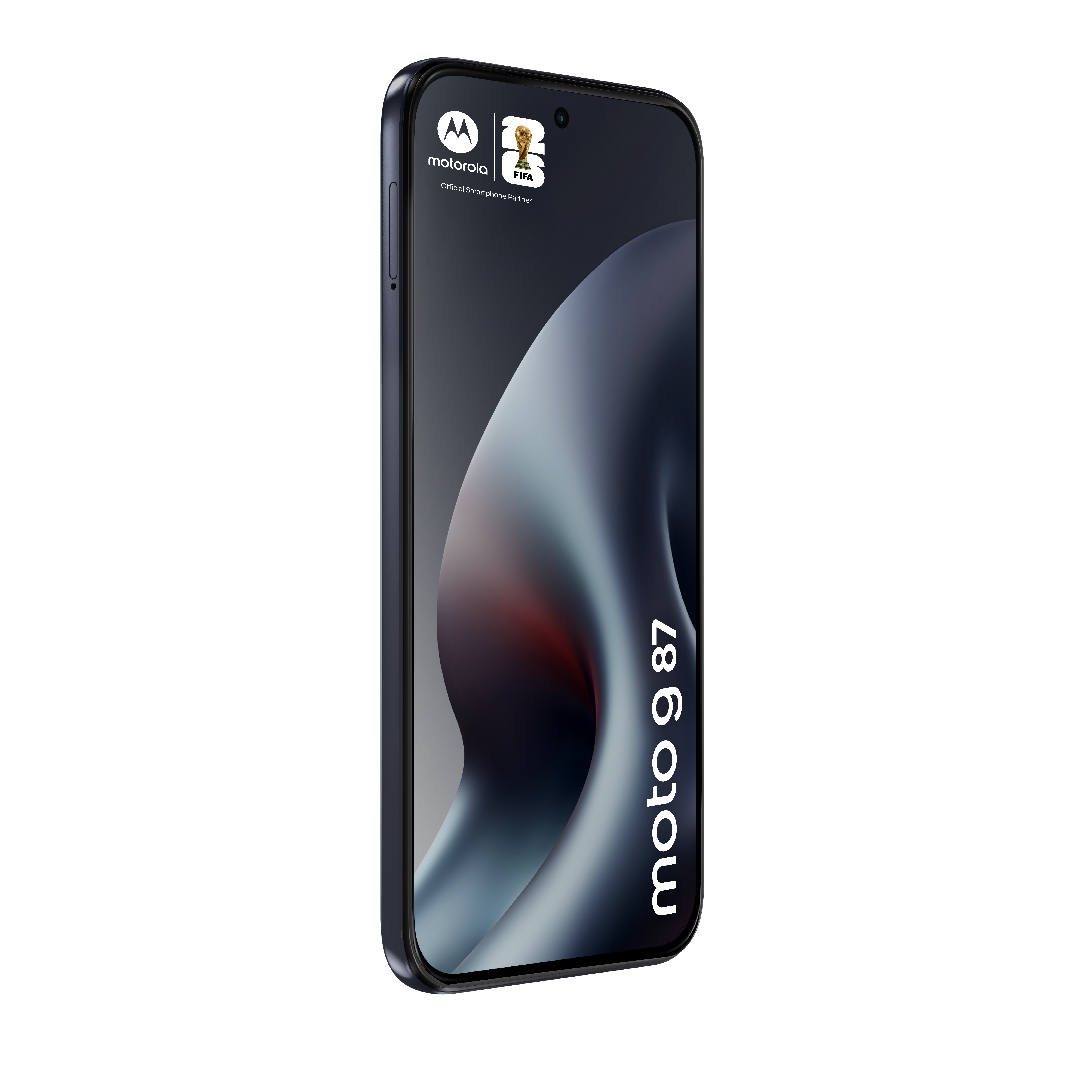 Smartphone Motorola moto g 87 scuro con logo FIFA, su sfondo bianco.
