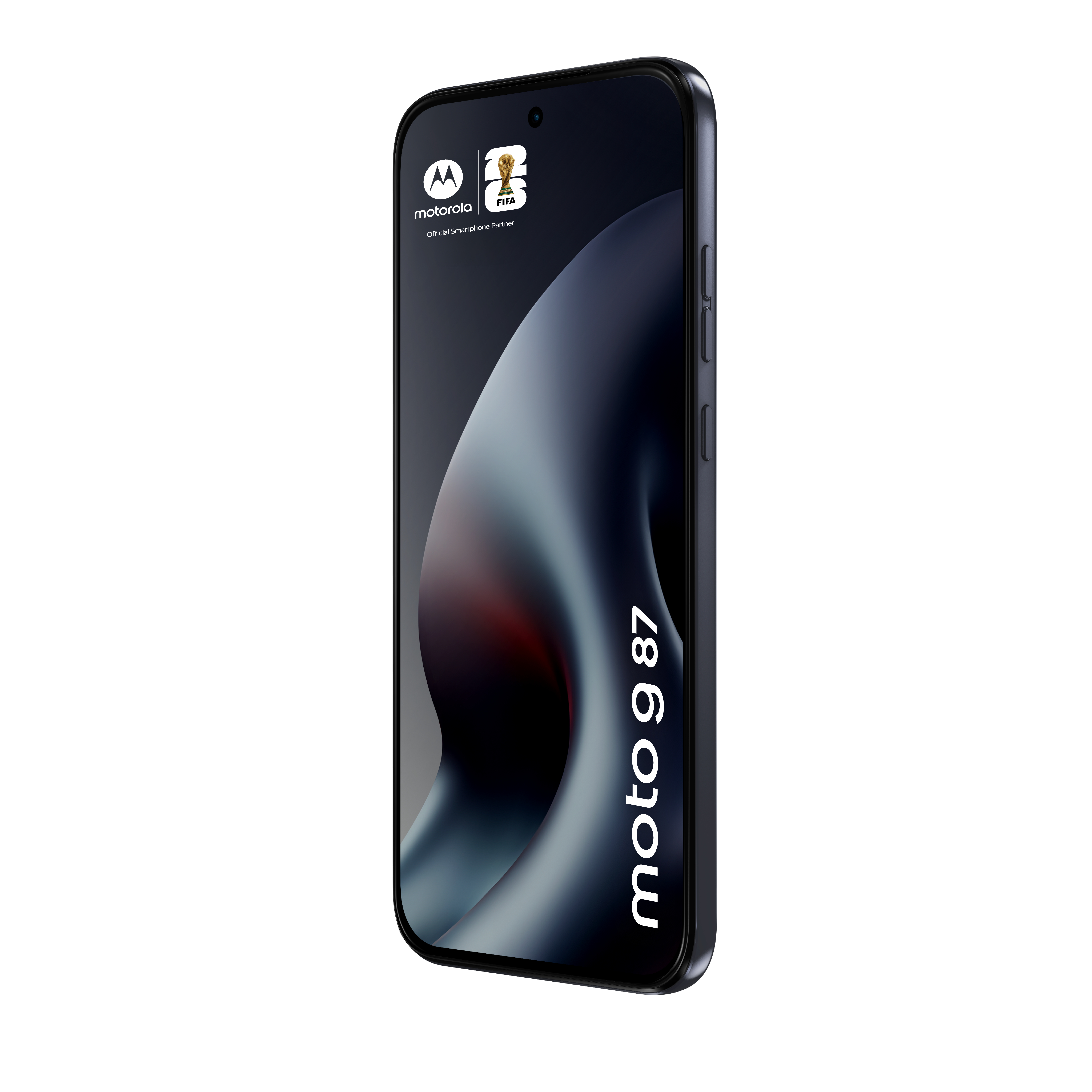 Uno smartphone Motorola Moto G 87 nero che mostra il logo FIFA sul suo schermo.