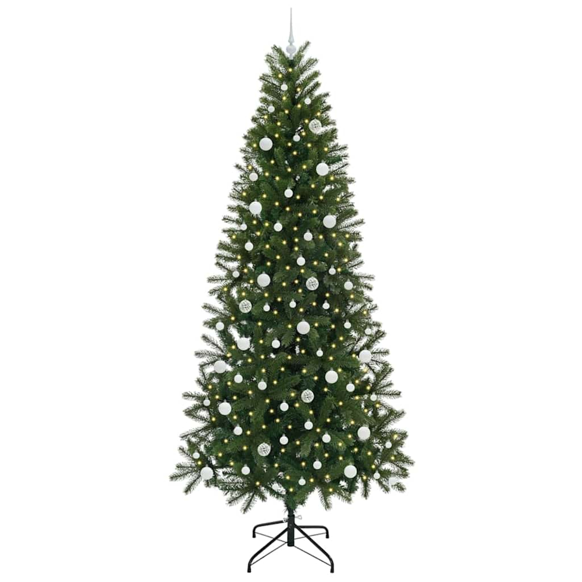 Un albero di Natale decorato con palline bianche e luci su un supporto.
