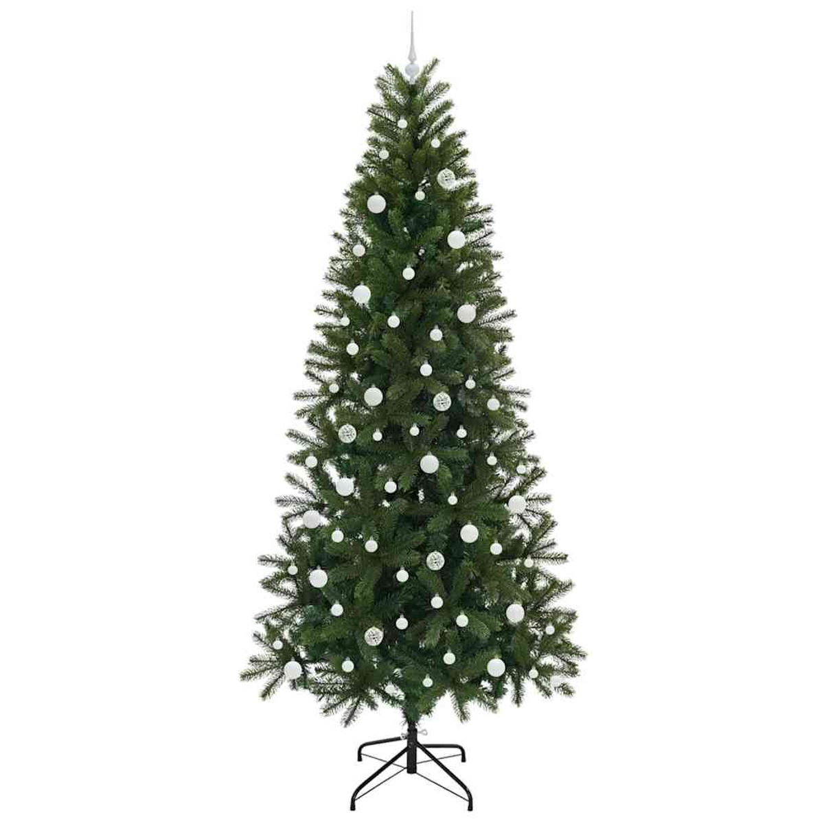 Un albero di Natale decorato con palline bianche su un supporto nero.