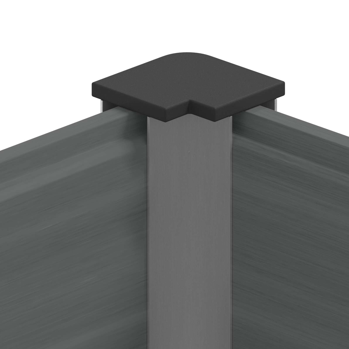 Montante d'angolo grigio con cappuccio nero su telaio in legno grigio.