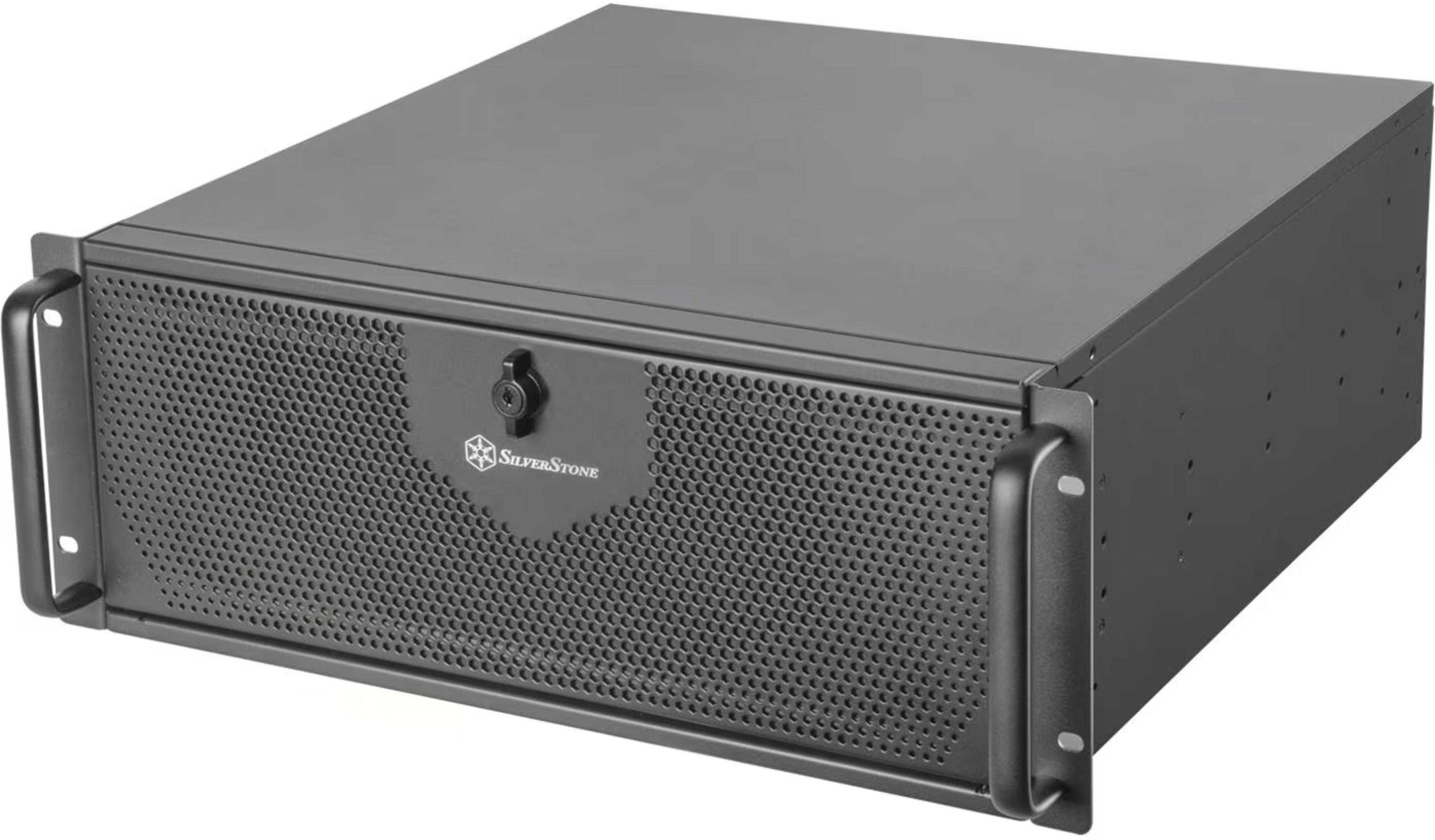Un châssis de serveur gris avec oreilles de rack et panneau avant ventilé.
