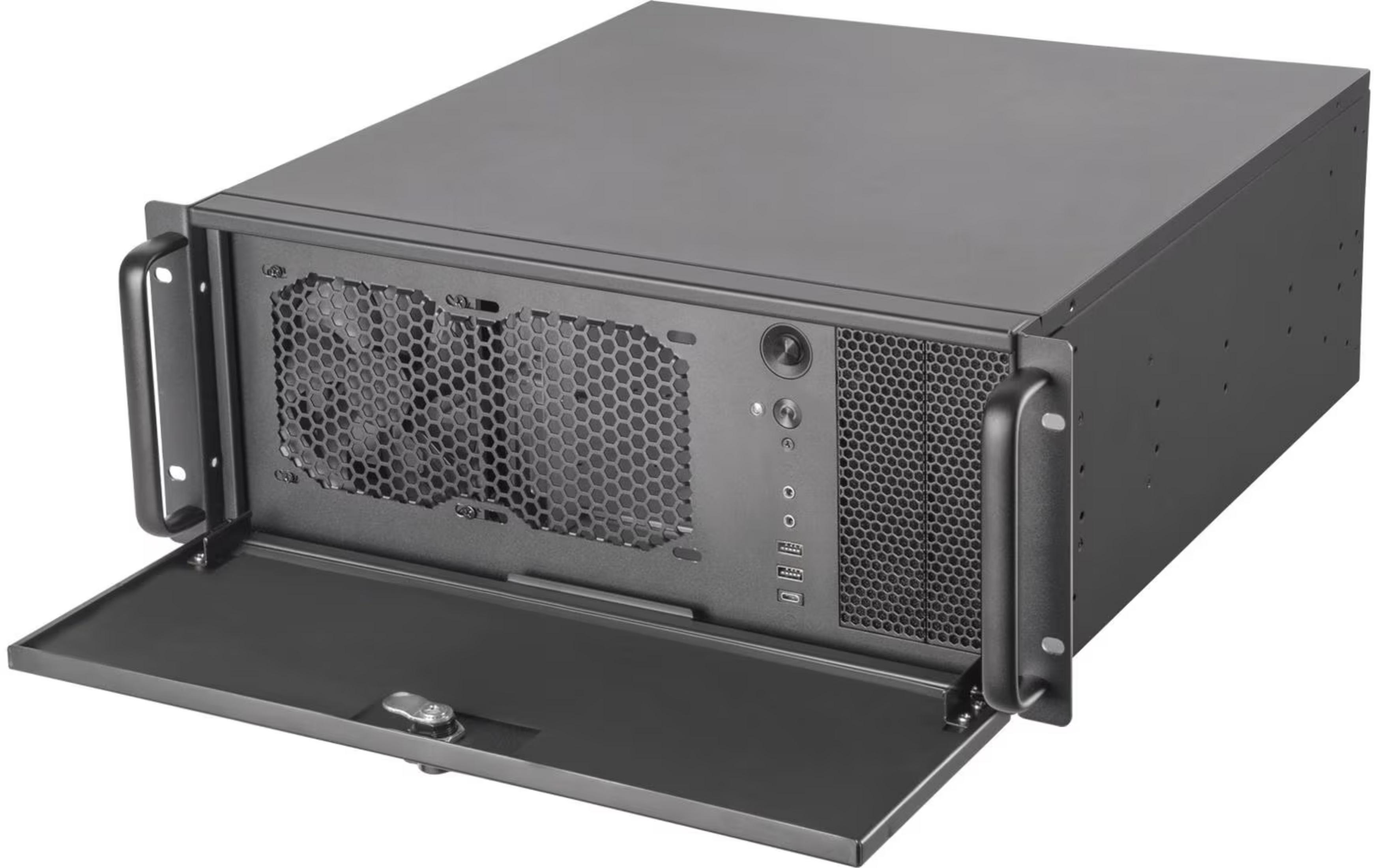 Châssis noir en rack avec grilles de ventilateur, ports et panneau avant rabattable.