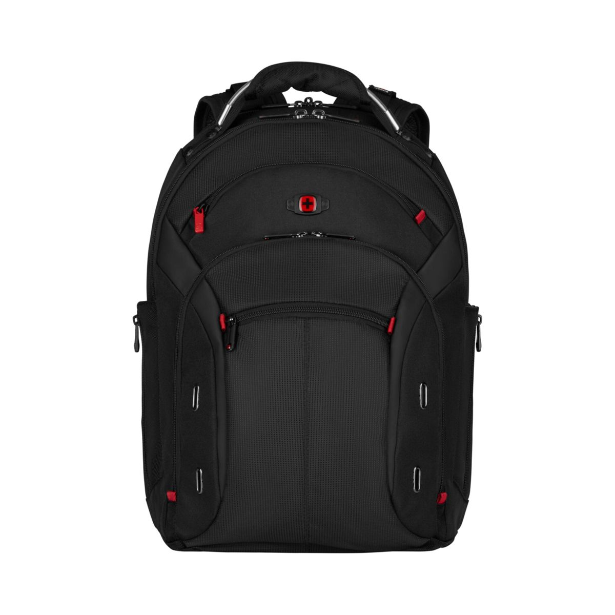 Schwarzer Rucksack mit roten Akzenten und einem Schweizer Kreuz-Logo.