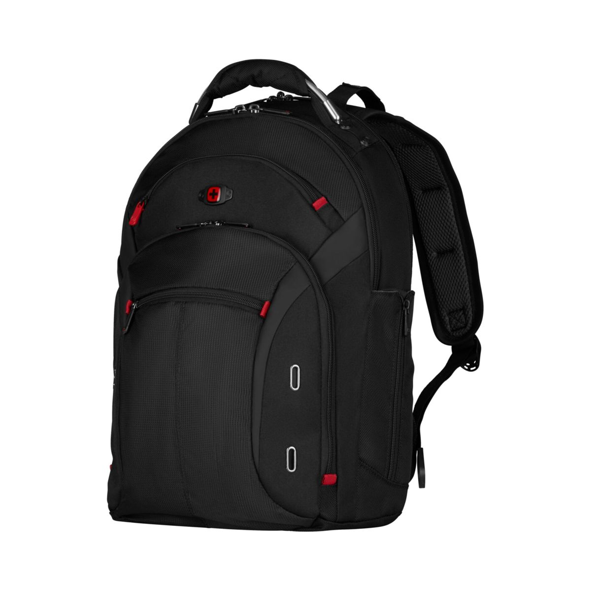 Ein schwarzer Rucksack mit roten Akzenten und gepolsterten Trägern ist vor weißem Hintergrund zu sehen.