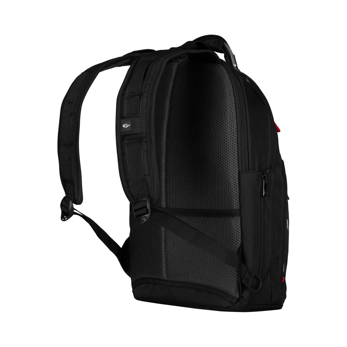 Schwarzer Rucksack mit gepolsterten Trägern und atmungsaktivem Rückenteil.