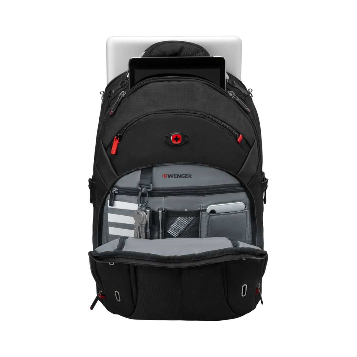 Schwarzer Rucksack mit Laptop und Tablet, Vorderseite offen, Schlüssel, Handy.