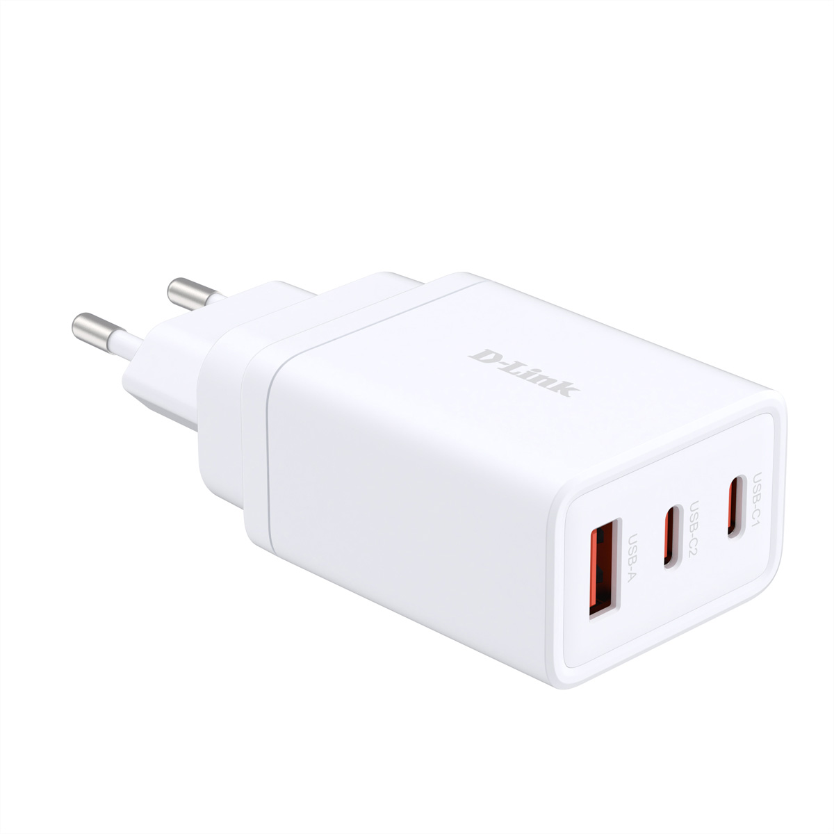 Un caricatore USB D-Link bianco con due porte USB-C e una porta USB-A.
