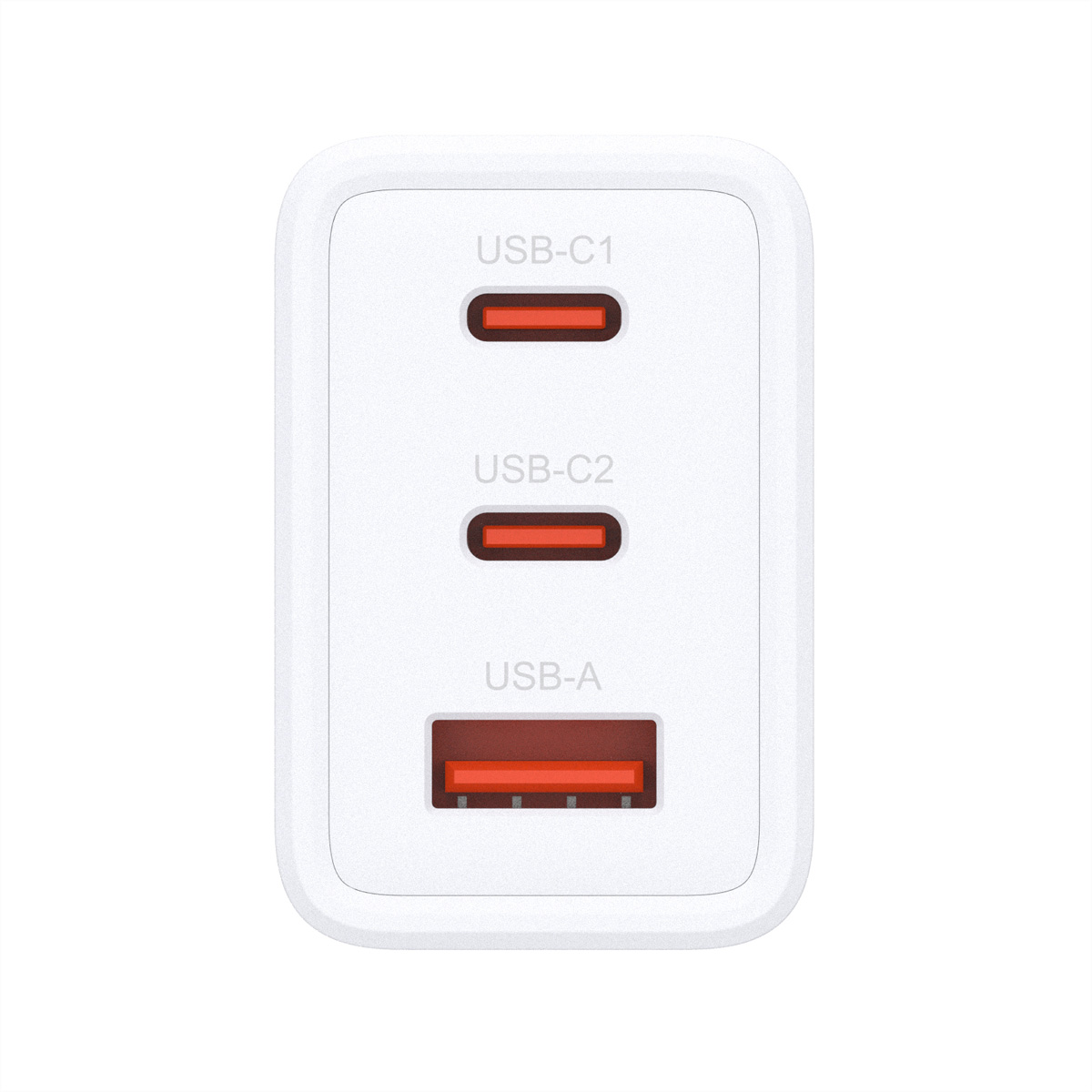 Caricatore bianco con tre porte: due USB-C e una USB-A. Accenti rossi all'interno.