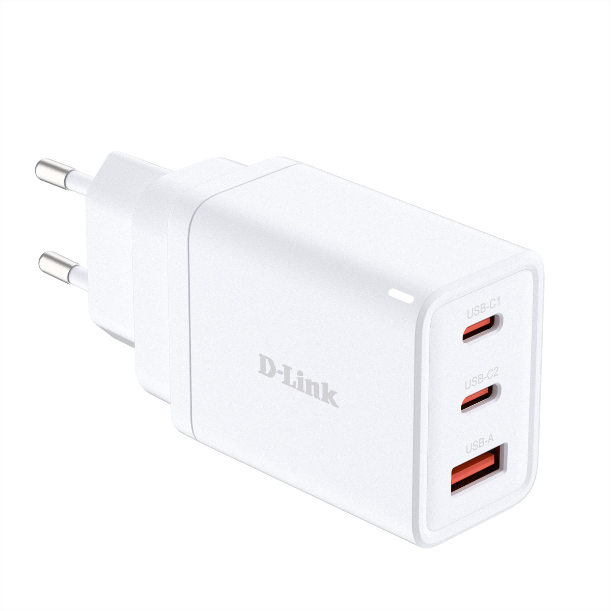 Un caricatore bianco D-Link con due porte USB-C e una porta USB-A.