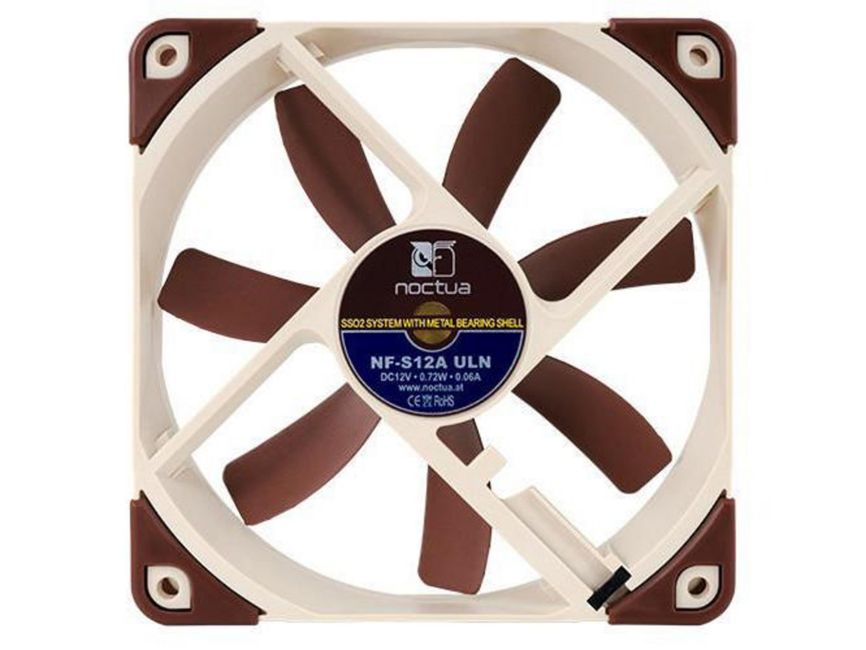 A beige and brown computer fan with seven blades and Noctua logo.