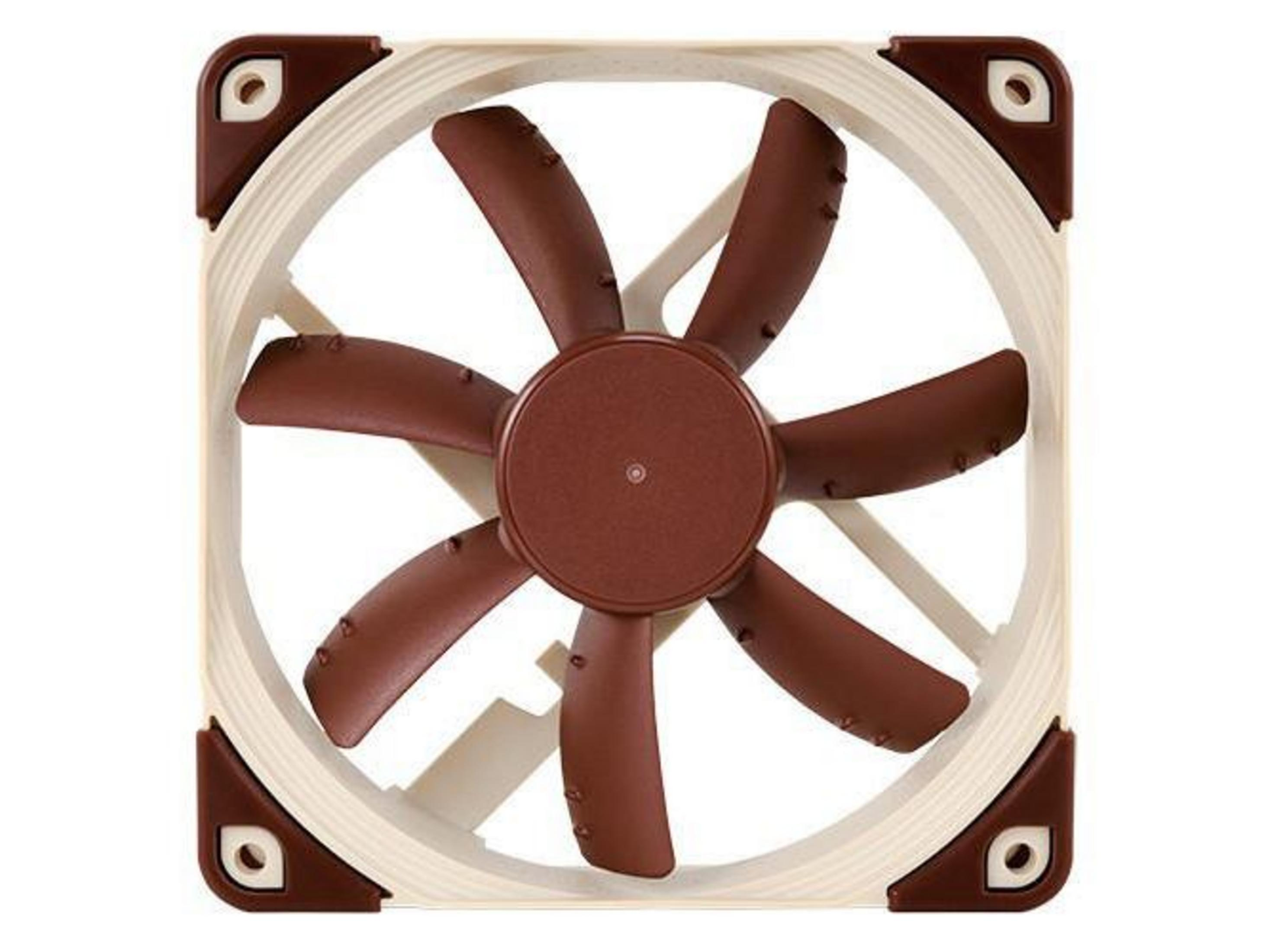 A brown fan with a cream-colored frame and eight blades.