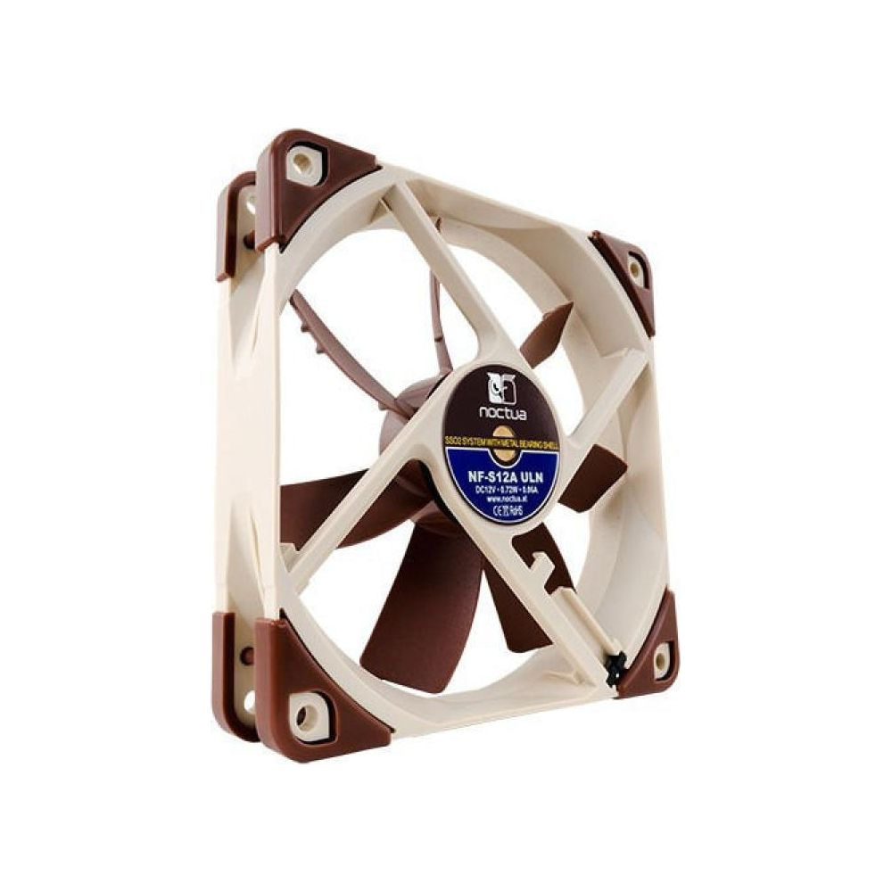 A beige and brown Noctua computer fan with a blue label. It is shown from an angle.