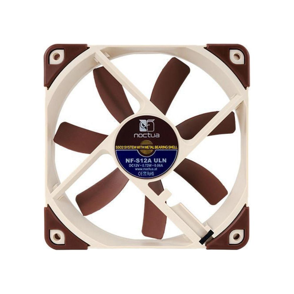 A brown and white Noctua fan, model NF-S12A ULN.