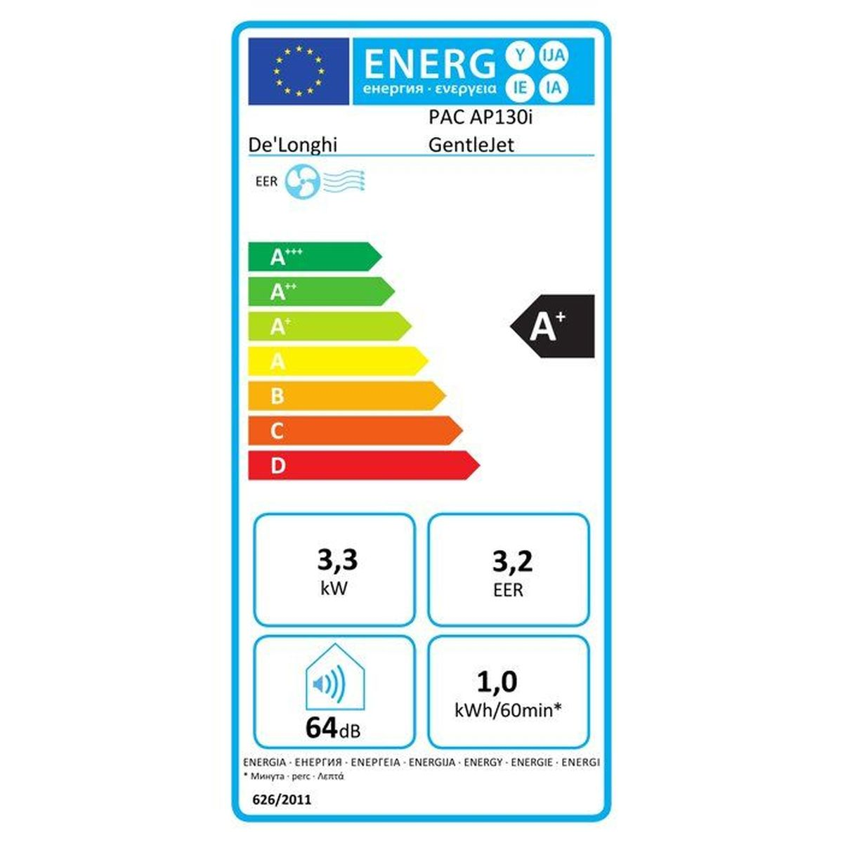 Energieeffizienzlabel für De'Longhi PAC AP130i. Zeigt A+ als beste Bewertung. Enthält 3,3 kW, 3,2 EER, 64 dB, 1,0 kWh/60min.