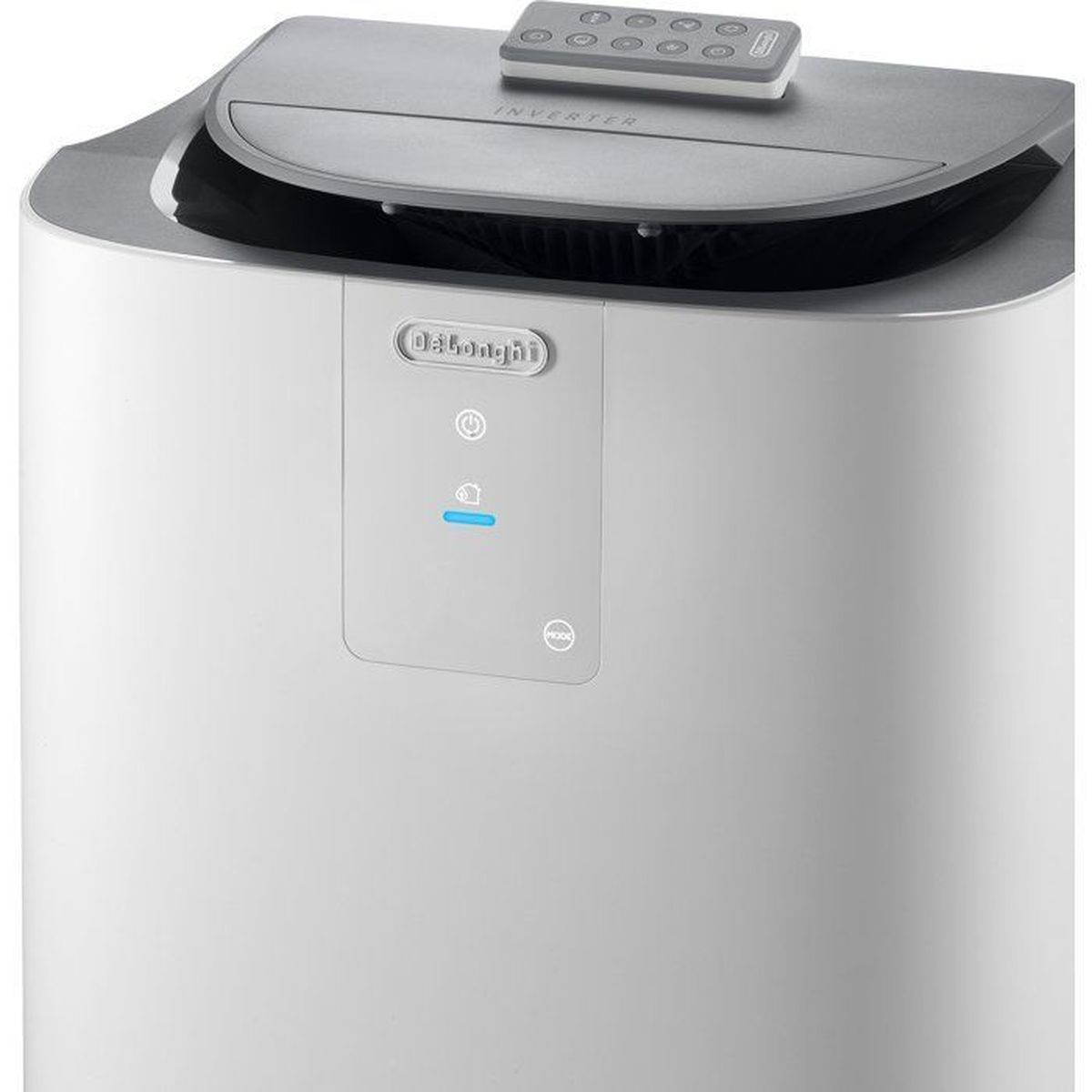 Ein weißer Luftreiniger mit DeLonghi-Logo und Fernbedienung auf dem Deckel.
