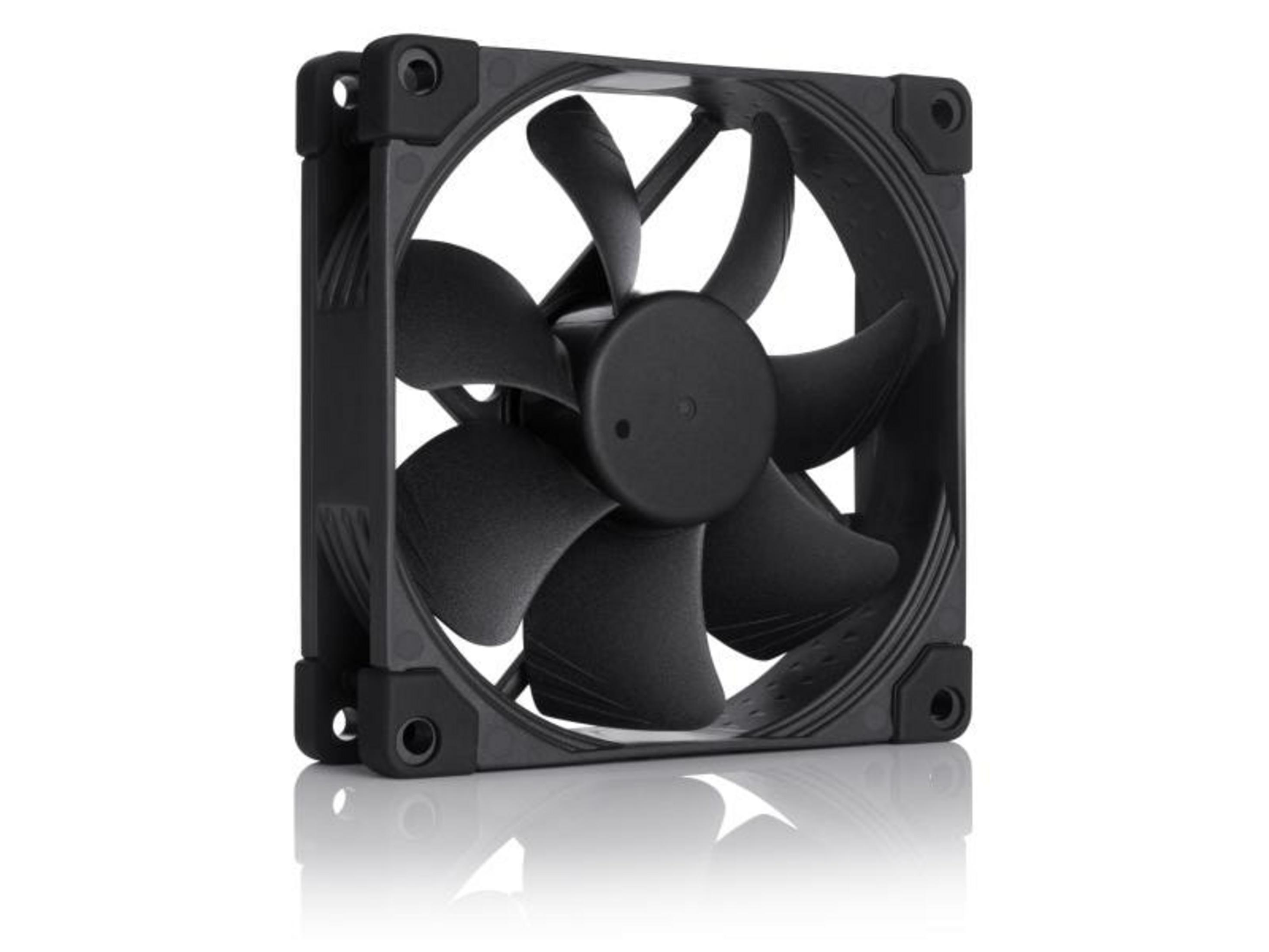 Black computer fan with five blades, isolated on a white background.