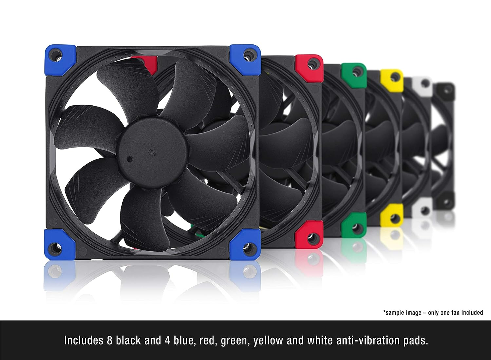 Row of computer fans with colorful anti-vibration pads.