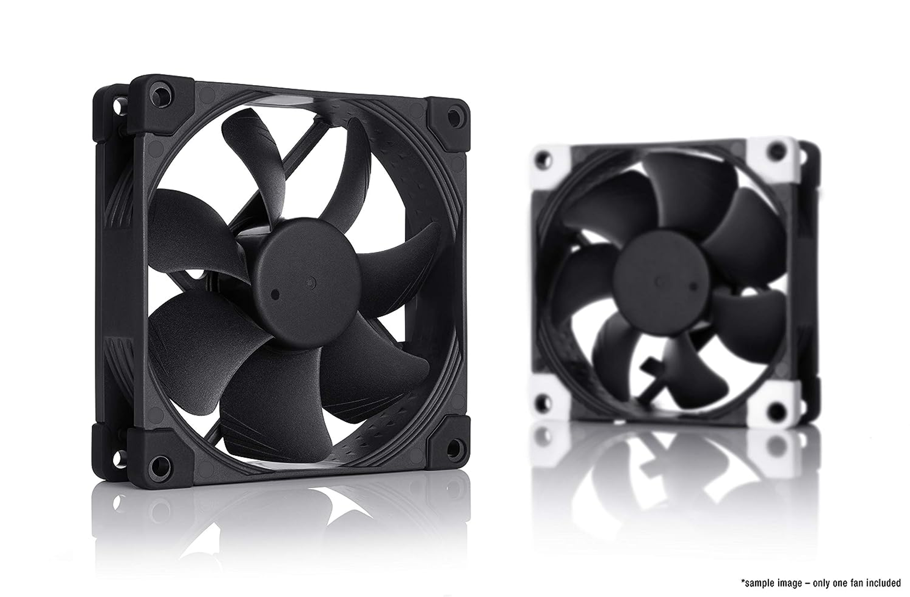 Two black computer fans on a white background with reflection.